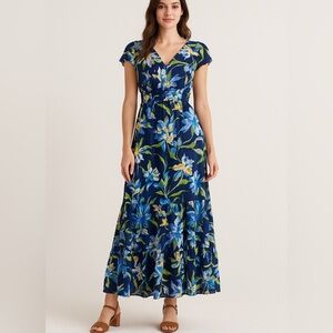 London Times Blue Multicolored Floral Print Ruffle Maxi Dress